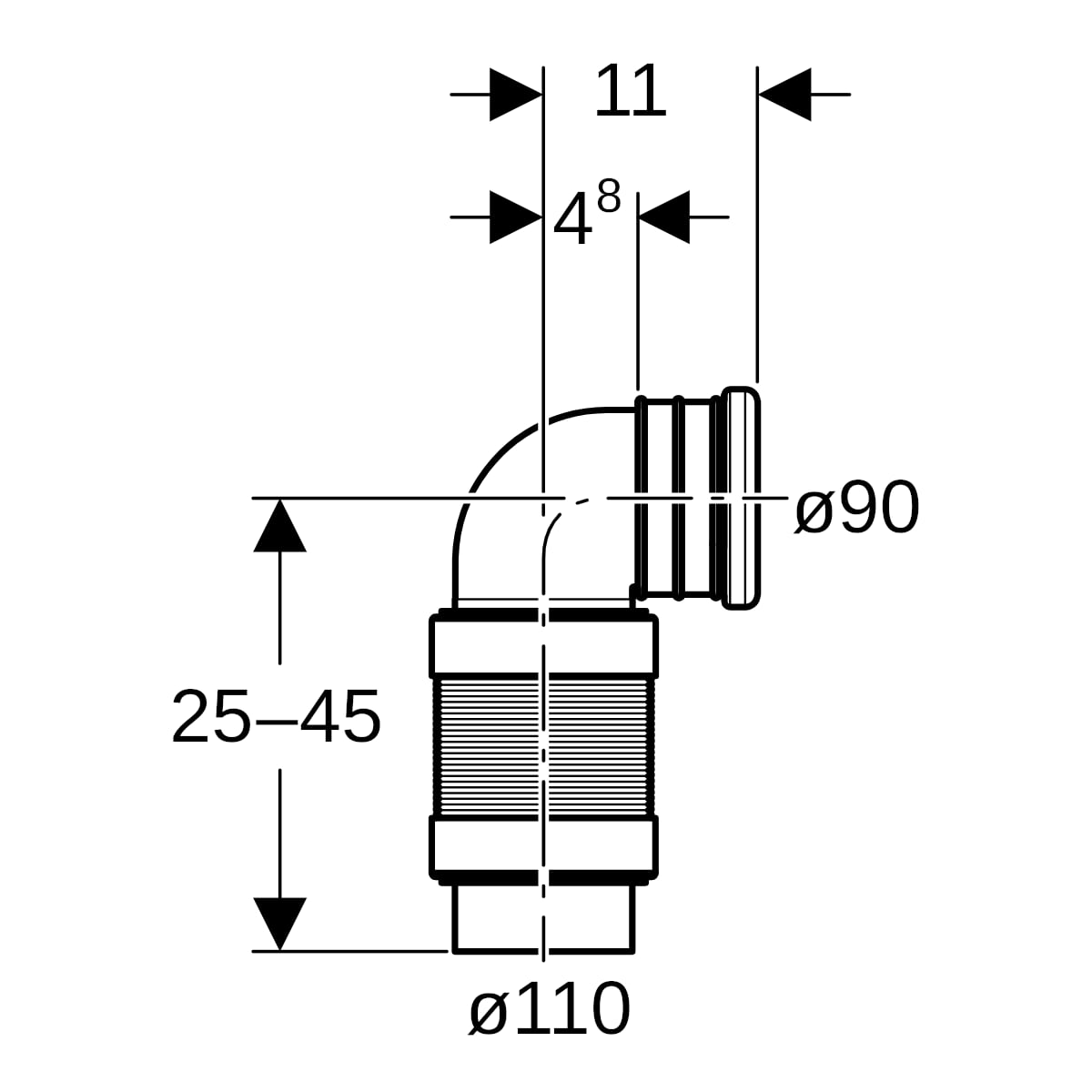 Geberit PE Anschlussbogen 90Gr für Wand-WC ausziehbar d110/90