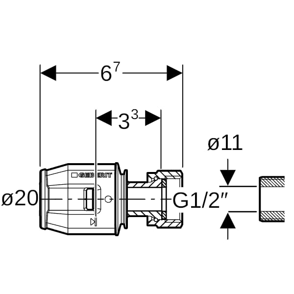 Geberit PushFit Übergang mit Überwurfmutter Rg d20-G1/2