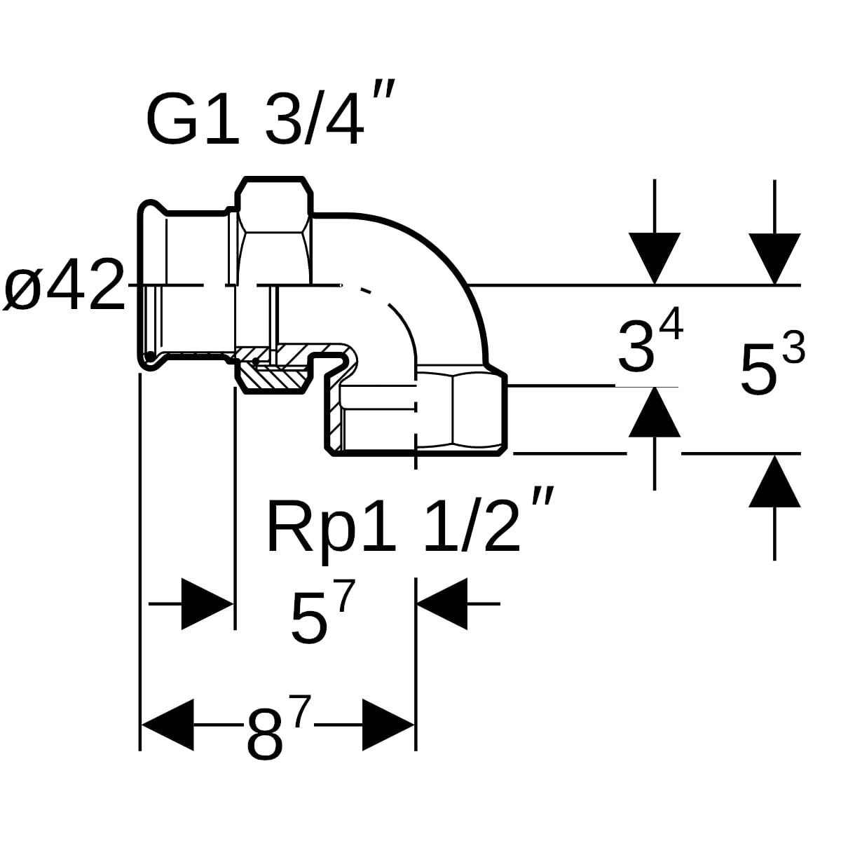 Geberit Mapress Kupfer Übergangswinkel Verschraubung 90Gr mit IG Rg d42-Rp1 1/2
