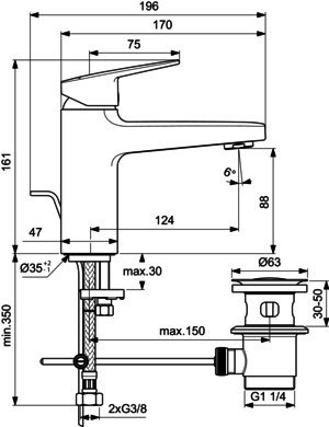 IS Waschtischarmatur Ceraplan H90 m.Ablgarn. Ausld.124mm Chrom