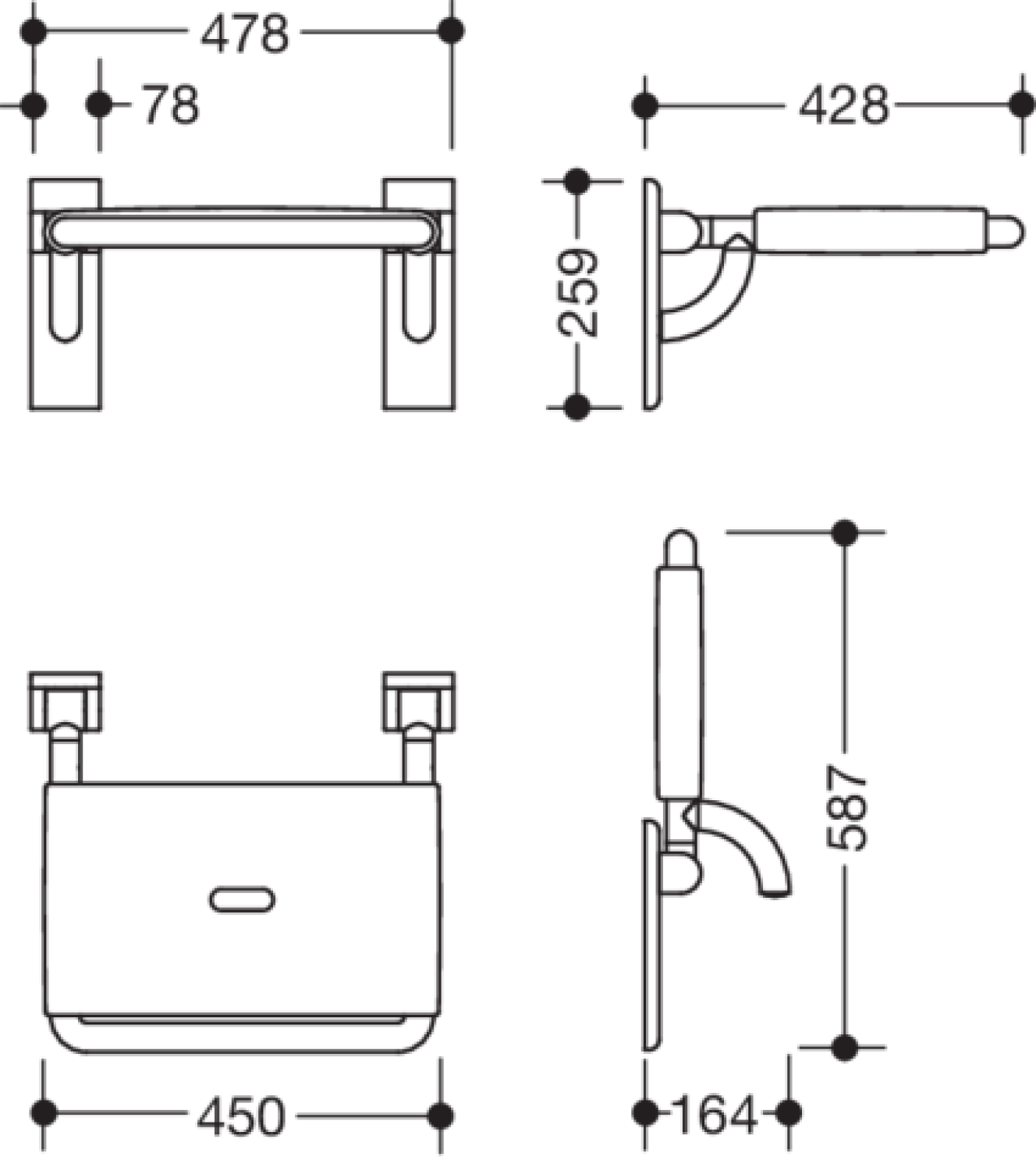 HEWI Klappsitz m. Gabelgelenk B=478mm,T=428mm  signalweiß