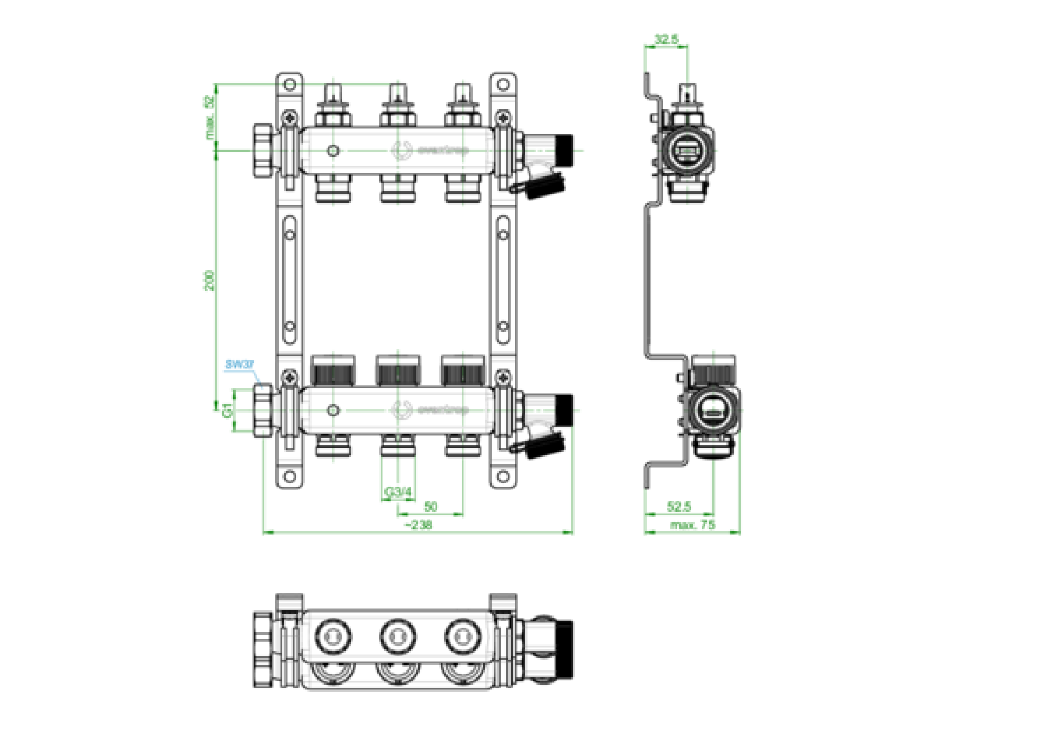 OVENTROP-Multidis SFQ Edelstahlverteiler mit Durchflussindikator 3 Kreise