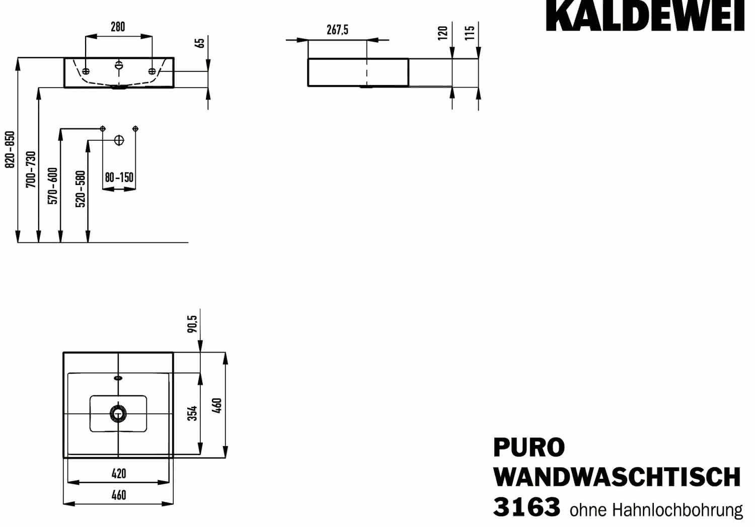 KA WB PURO WANDWASCHTISCH Mod.3163,460x 460mm,alpinweiß,Perl-Effekt,AD,mÜL,chr