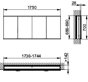 KEUCO Royal Modular 2.0 SPS, bel. 80041, Einb,4Steckd,sb-elox,1750x700x160mm