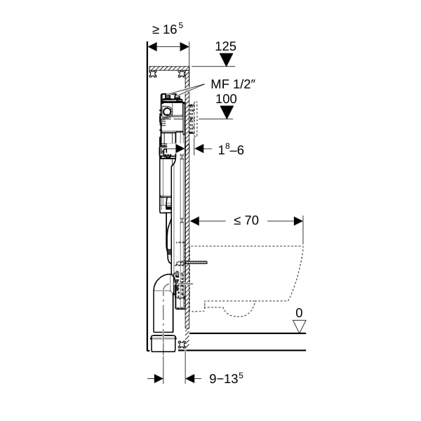 Geberit GIS Element f. WWC, 125cm, mit Sigma UP-SPK 12cm, mit HS50 Hygienesp./2 WA