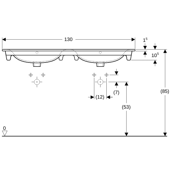 Geberit Renova Plan Doppelmöbelwaschtisch 130x48cm, m. Hl., m. Ül., weiß, KeraTect