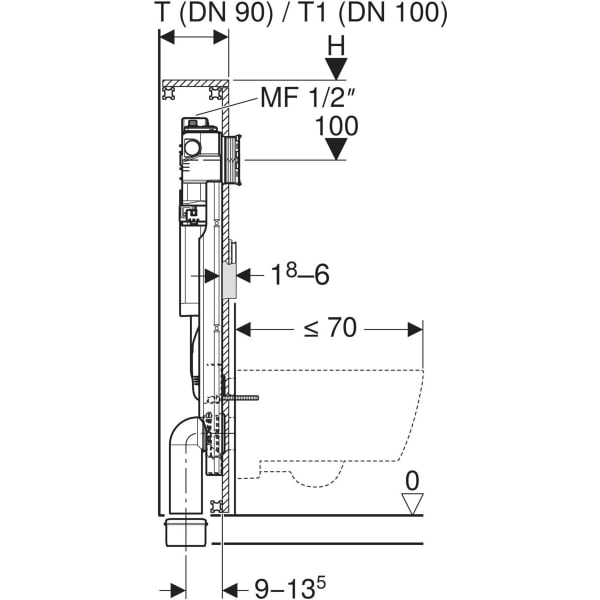 Geberit GIS Element für WWC, 125cm, mit Sigma UP-SPK 12cm, mit HS30 Hygienesp./1 WA