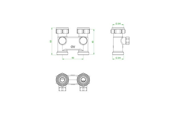 OVENTROP-Umlenkstück mit Absperrung Durchgang, 50mm, 3/4"ÜMx3/4"AG, vern.