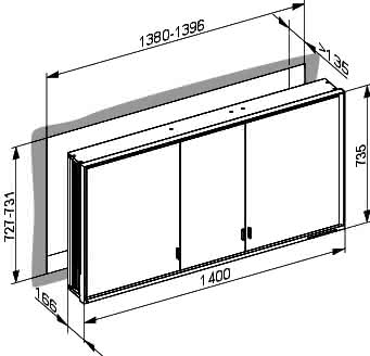 KEUCO SPS R. Lumos 14316, ohne Ablagef., Einbau, silb-elox., 1400x735x165mm