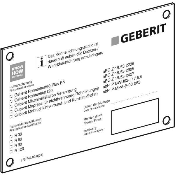 Geberit Kennzeichnungsschild für Rohrabschottungen