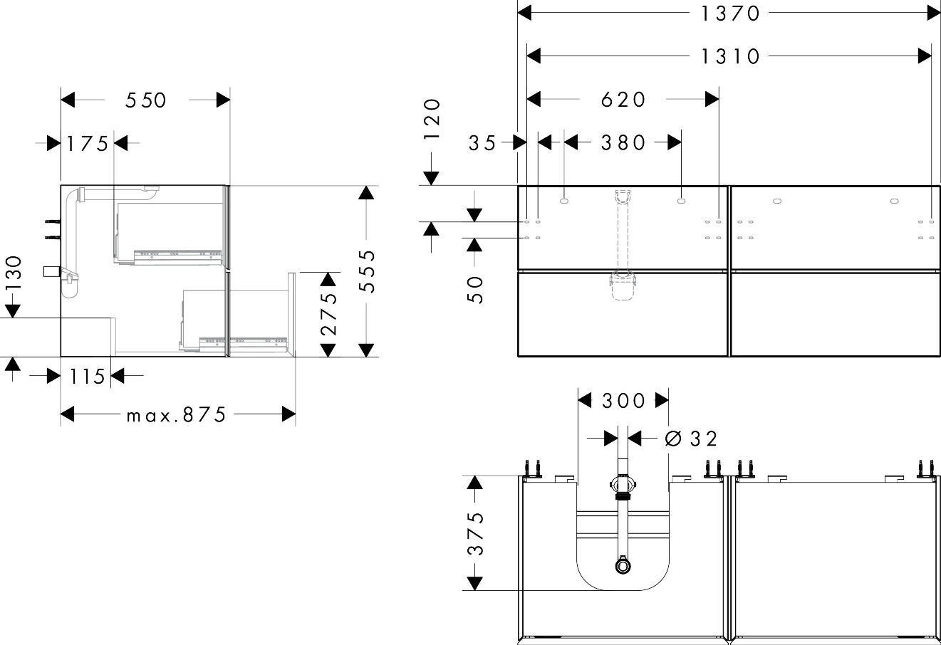 Hansgrohe Waschtischunterschrank Xevolos E MW 1370/550mm m.4SK f.Kons.m. AWT ge li Wme