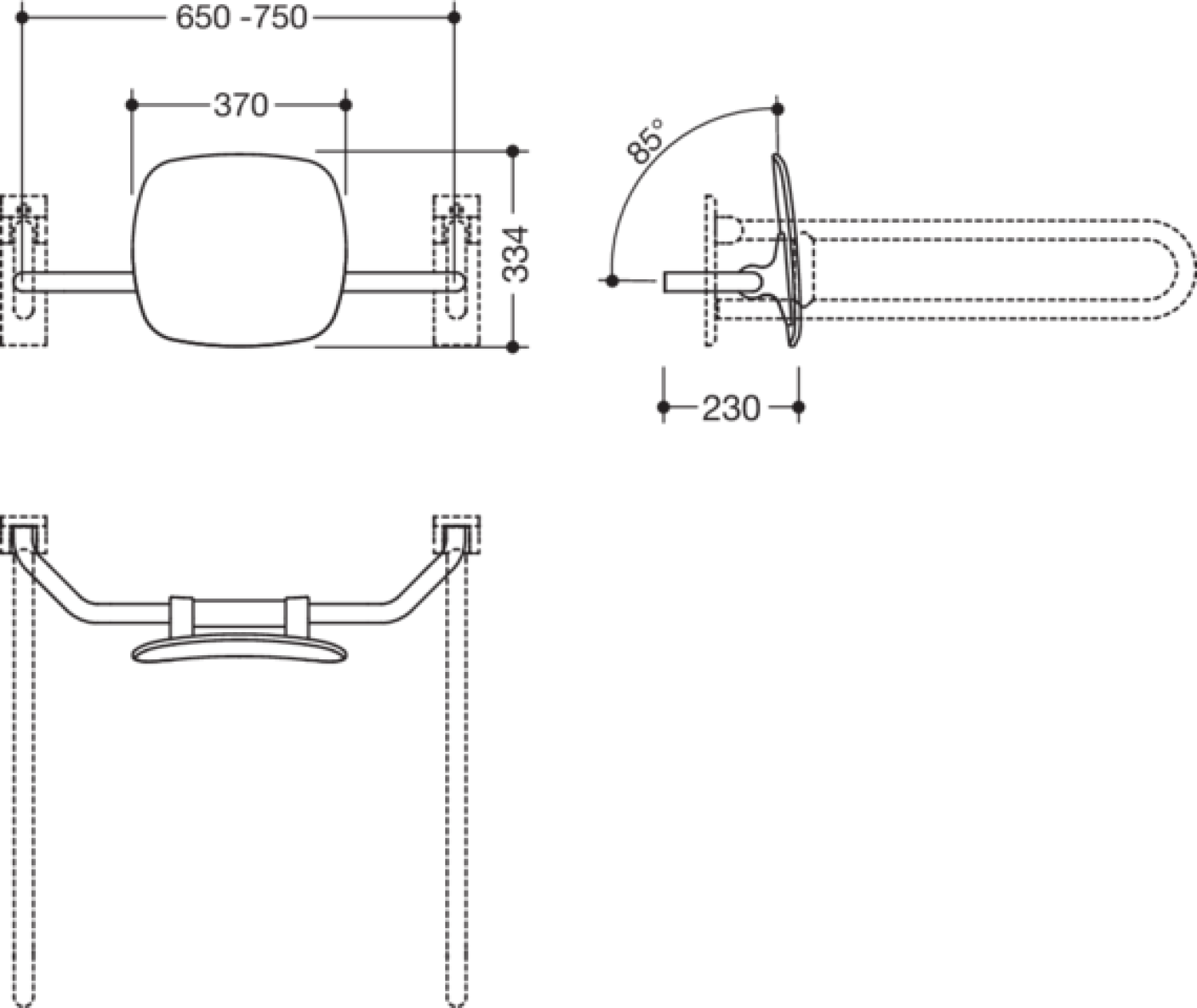 HEWI Rückenstütze, WA = 230mm SK-Griff-Montage anthrazitgrau