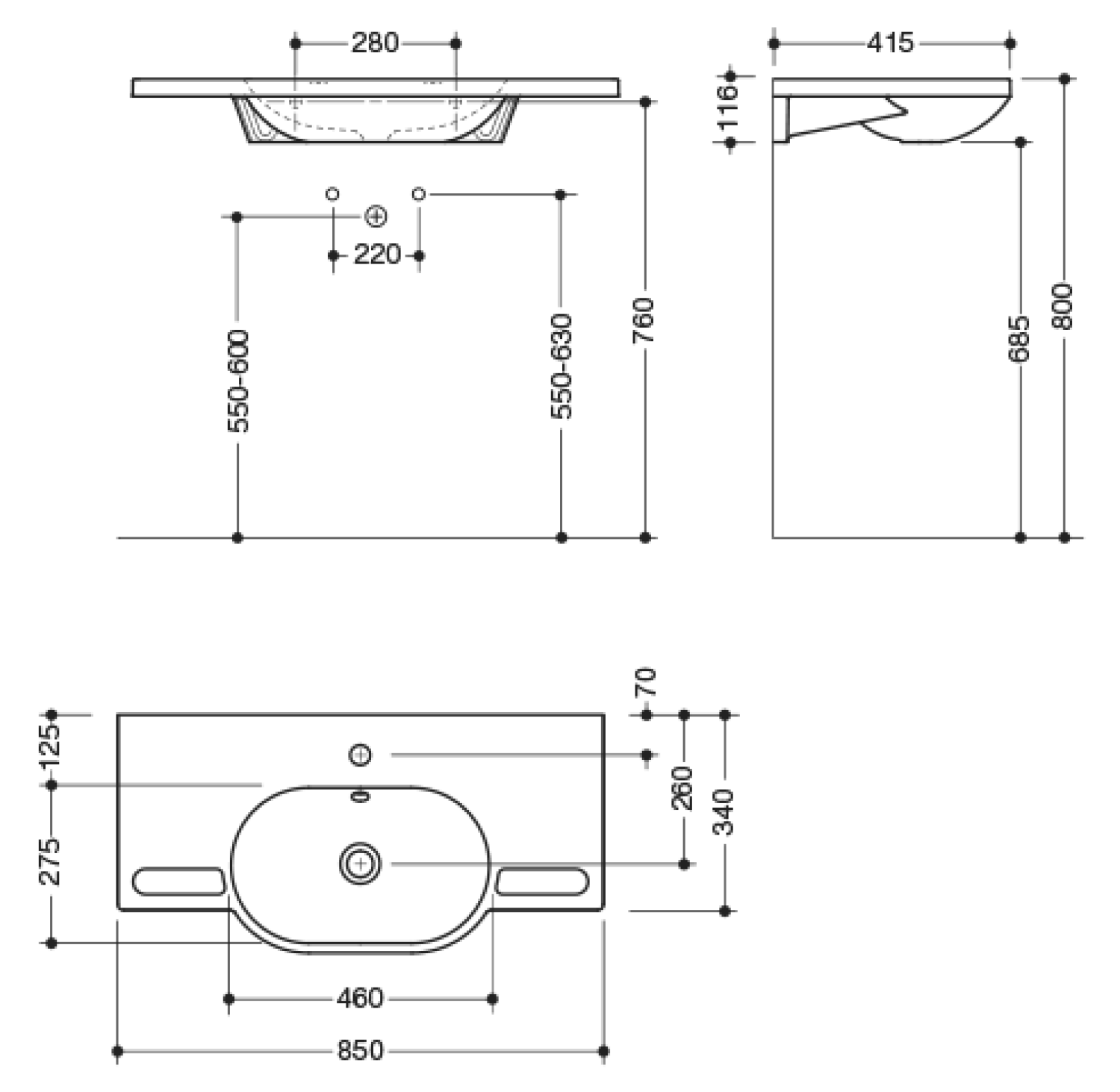 HEWI Waschtisch mit Griffmulden 850 x 415mm, mit Überlauf, 1 Hahnloch