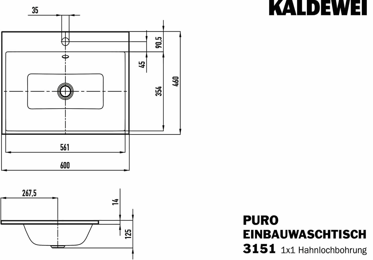 KA WB PURO EINBAUWASCHTISCH Mod.3151,600 x460mm,manhattan,PEFF,AD,m. 1HL,mÜL,chr