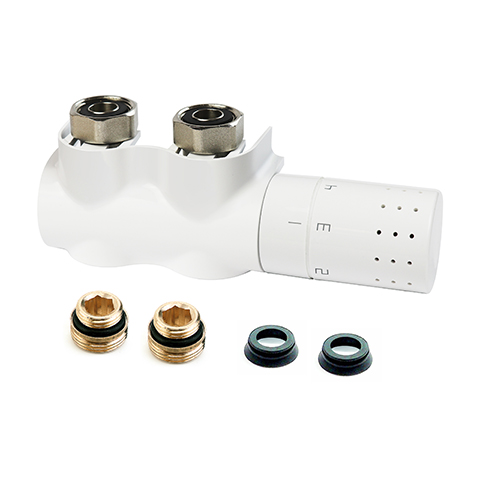 Flamco Ventilhahnblock Autosar ThermodDesign Eck rechts mit Th.-Kopf und Blende, weiß