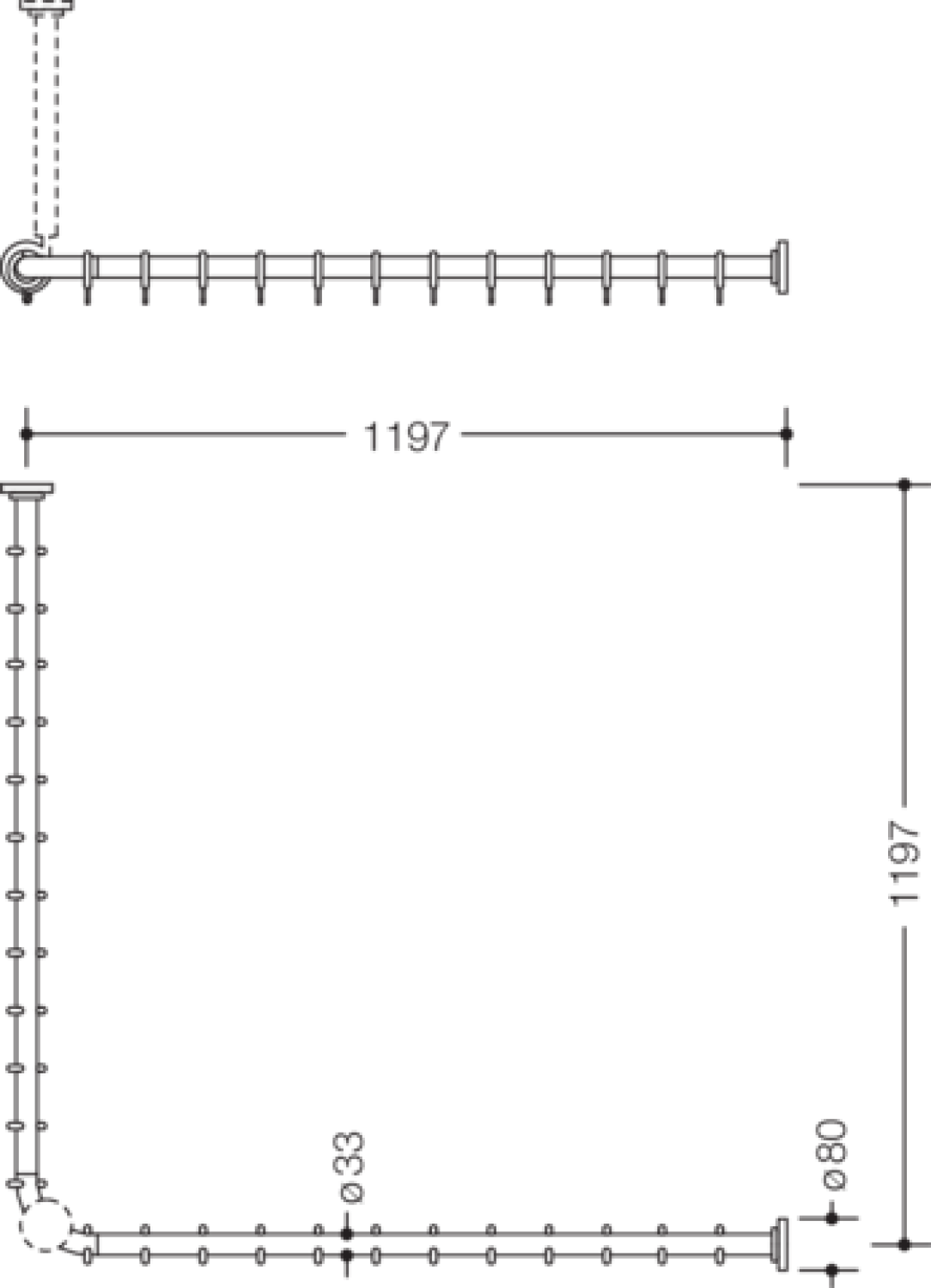 HEWI VH-Stange Ser 801, AM:1183x1183mm, 24 Ringe, suizidhemmend reinweiß