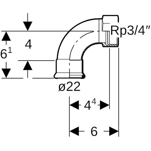 Geberit Mapress C-Stahl Übergangsbogen 90Gr mit IG d22-Rp3/4 verzinkt