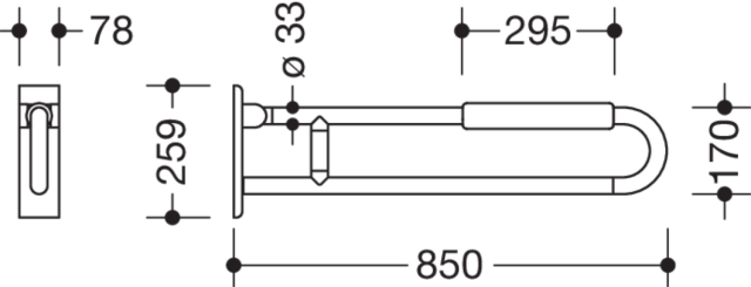 HEWI Stützklappgriff drehb. Ser 801, L:850mm, mit Armpolster rubinrot