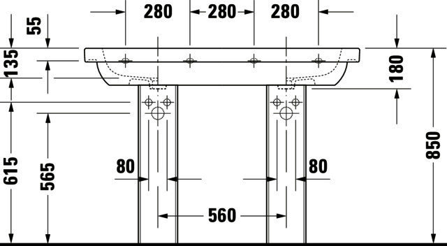 DU Möbel-Doppelwaschtisch D-Code 1200 mm mit ÜL, mit HLB, 1 HL pro Becken, weiß