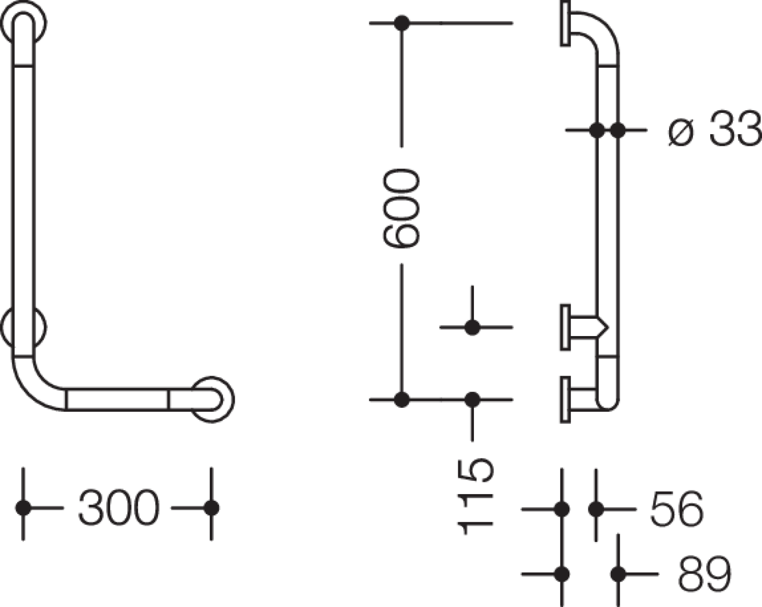 HEWI Winkelgriff Ser 801, d:33, AM:600mm, W:300mm anthrazitgrau