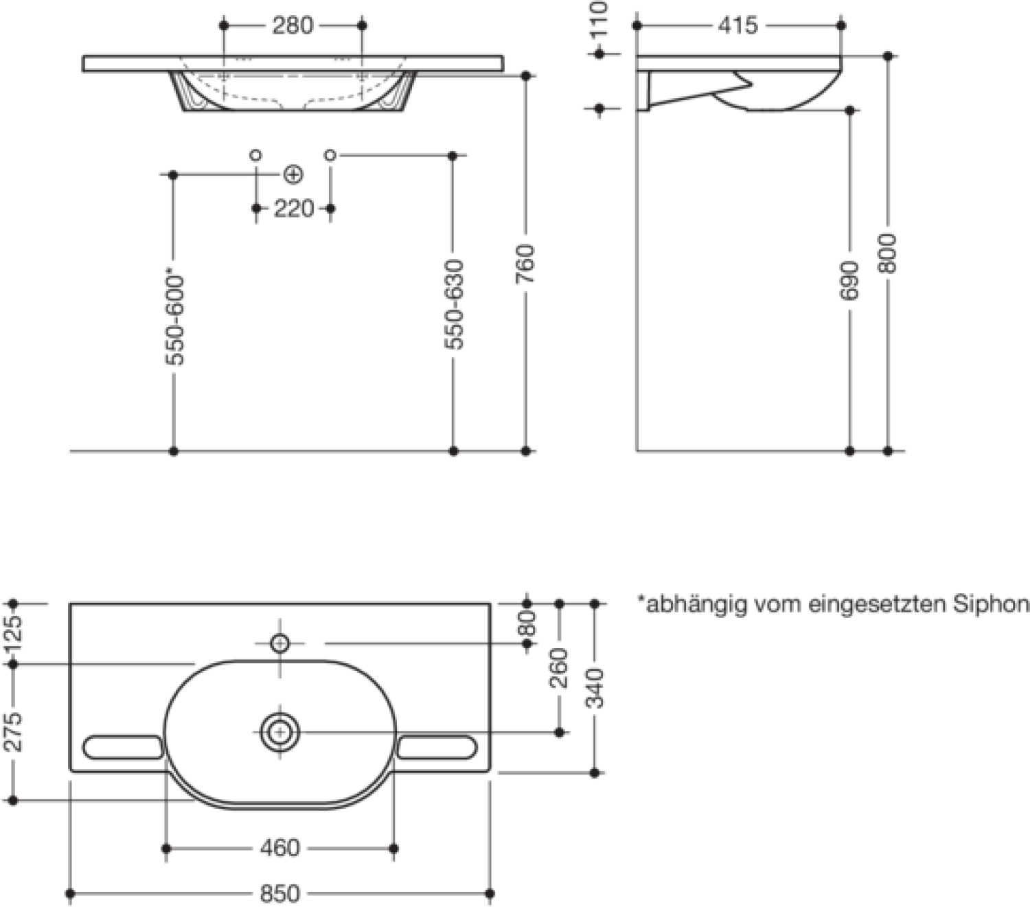HEWI Waschtisch mit Griffmulden, 850 x 415mm, o. Überlauf, 1 Hahnloch