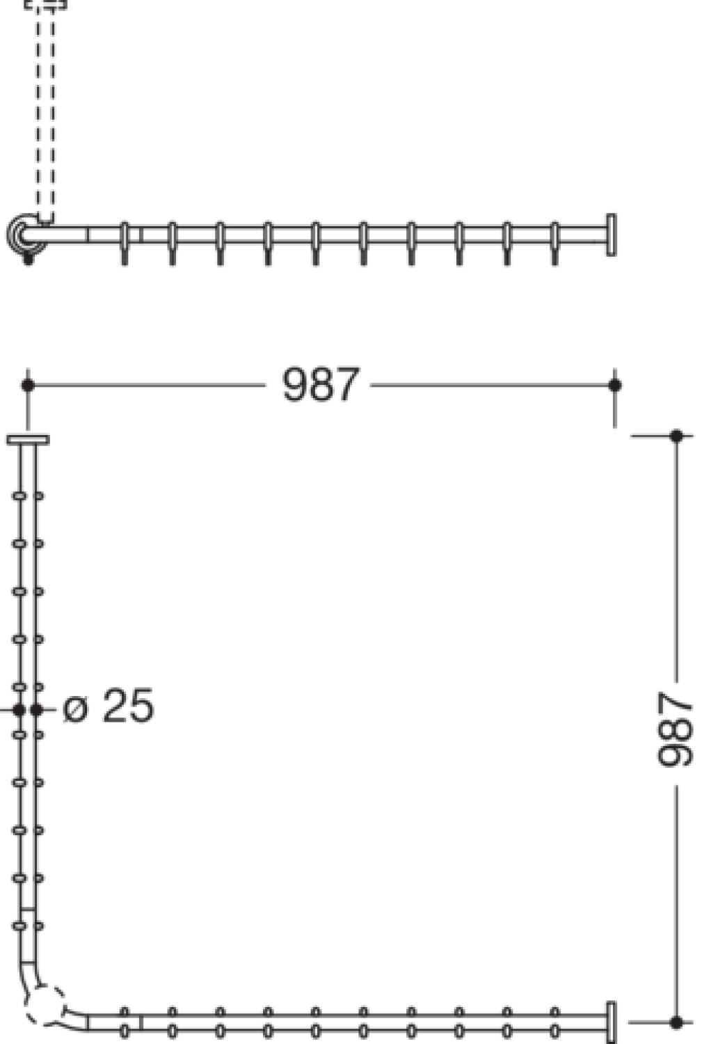 HEWI VH-Stange, d:25, A1/A2=987, 20 Ringe, plvb weiß tiefmatt
