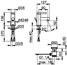 KEUCO EHM-WT-Mischer 60 IXMO 59504 m.Zug.-Ablgrt. Pure, Rosette r/e sw