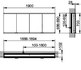 KEUCO Royal Modular 2.0 SPS, bel. 80041, Einb,4Steckd,sb-elox,1900x700x160mm
