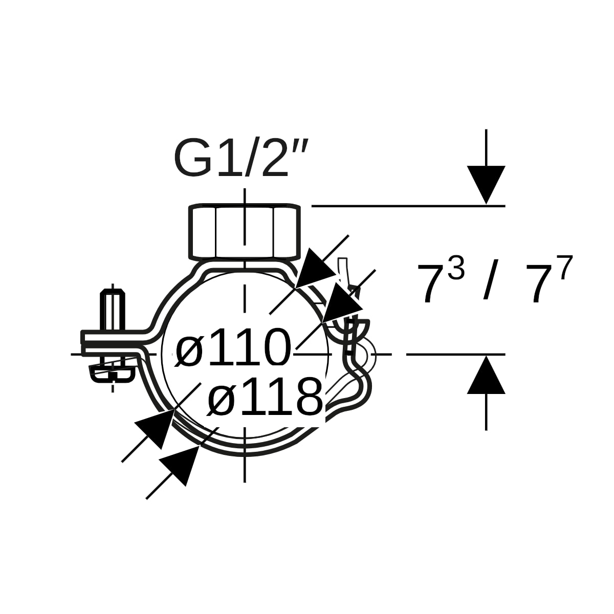 Geberit Rohrschelle mit Gewindemuffe G1/2 verstellbar d110/118