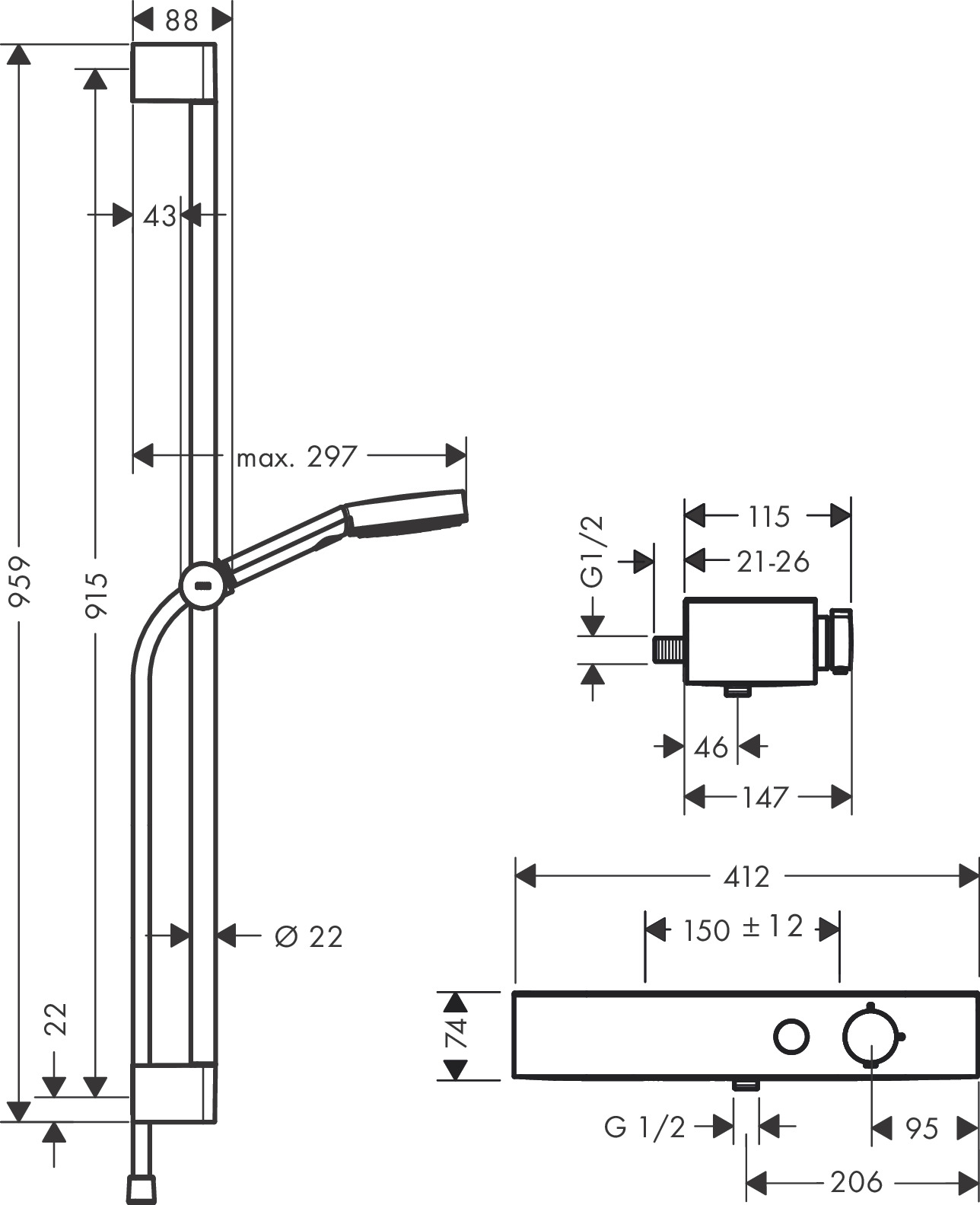 Hansgrohe Brausesystem Pulsify Select S 105 3j Relaxation Brausethm. Stange 900mm chrom