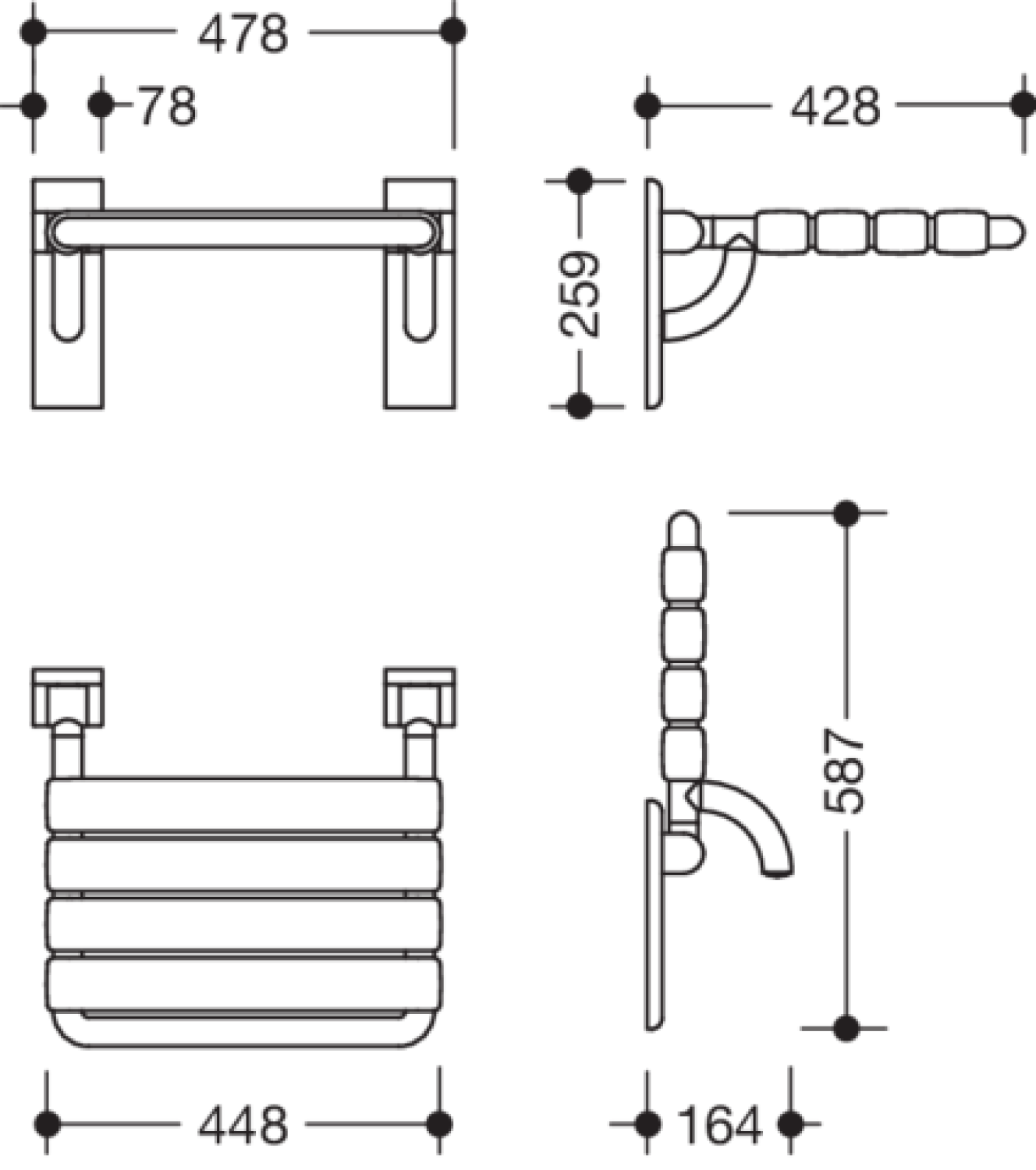 HEWI Klappsitz m.Gabelgelenk Ser 801, B:478 mm, H:259 mm, T:428 mm sand