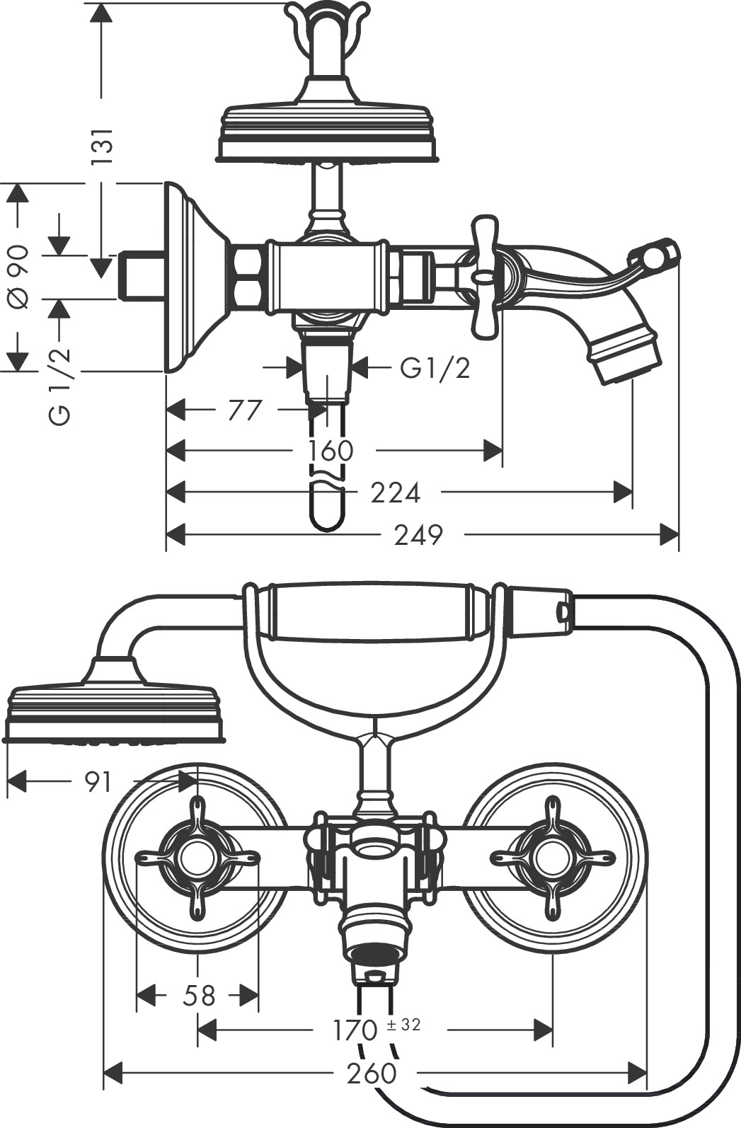 Hansgrohe Zweigriff Wannenarmatur Aufputz Axor Montreux chrom