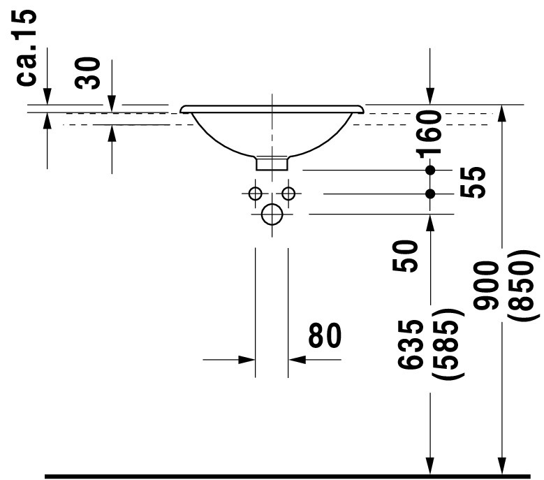 DU Einbauwaschtisch Architec 450 mm EB v.ob.,o.ÜL,o.HLB,u.glasiert,weiß