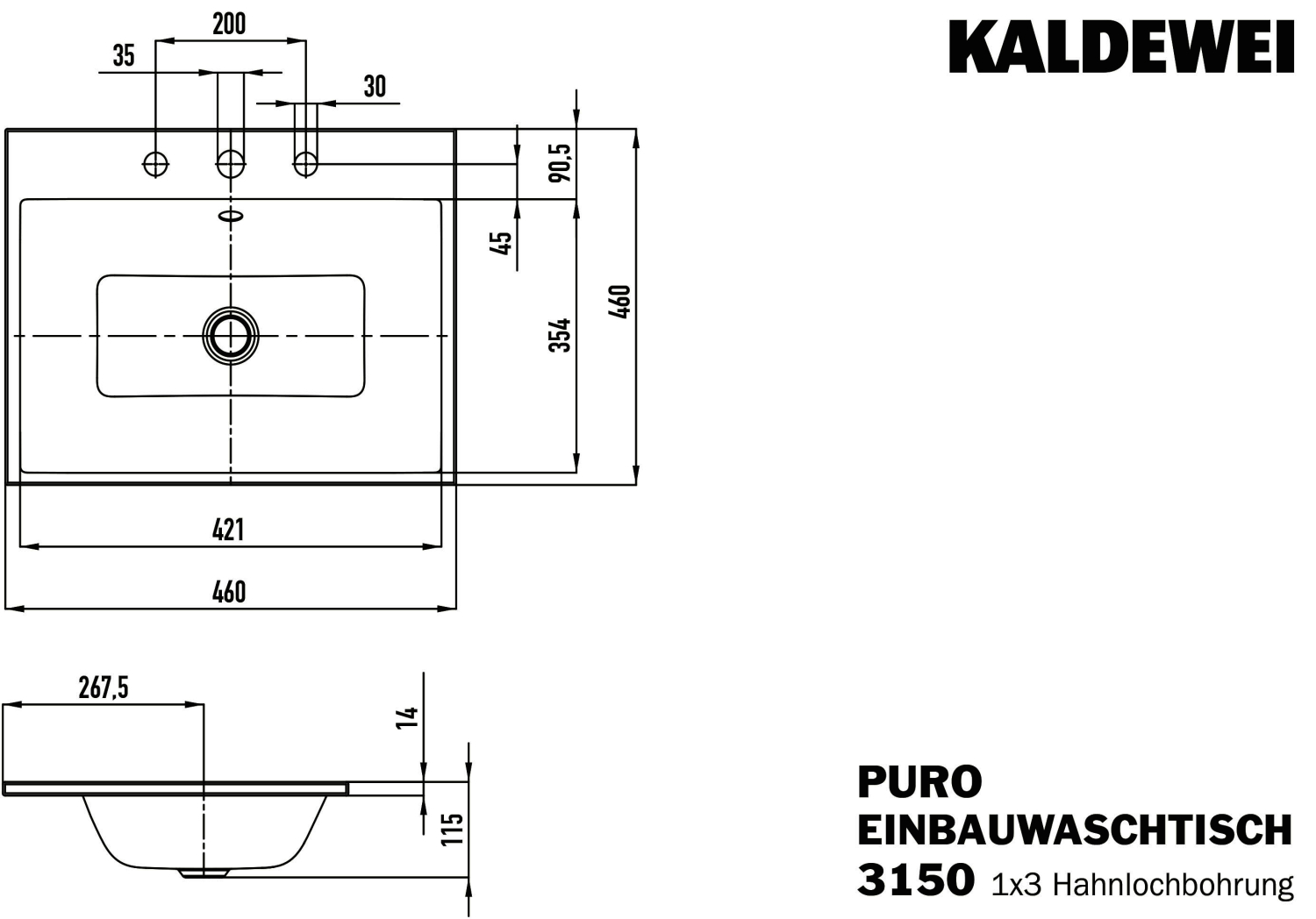 KA WB PURO EINBAUWASCHTISCH Mod.3150,460 x460mm,alpinweiß,PEFF,AD,m. 3HL,mÜL,chr