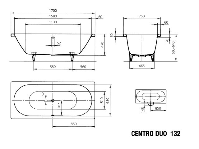 KA BW CENTRO DUO Mod.132,1700x750mm, alpinweiß
