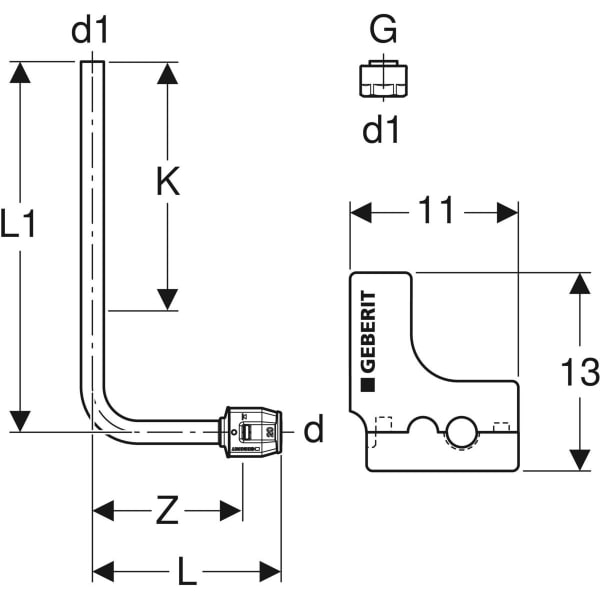 Geberit PushFit Metallrohranschlussbogen 90Gr mit Anschlussverschraubung d20-15 L30