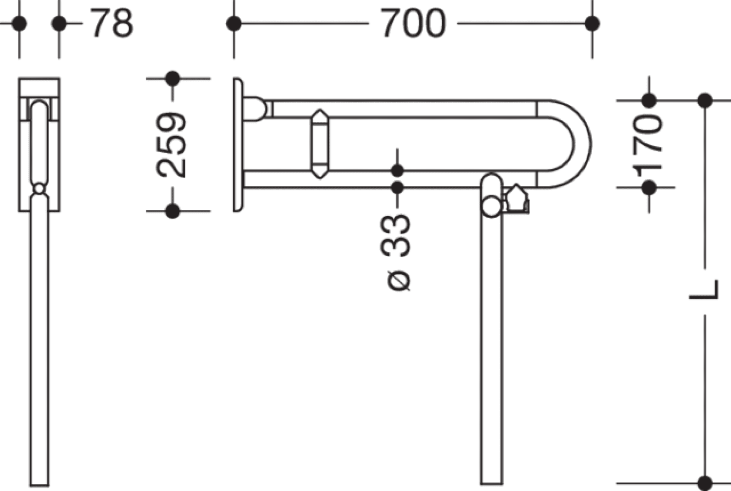 HEWI Stützklappgriff drehb. Ser 801, L:700mm, mit Bodenstütze signalweiß