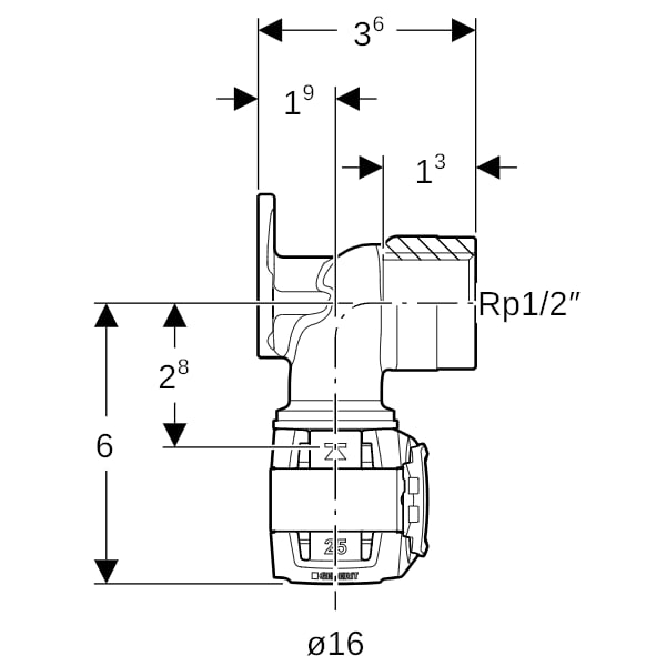 Geberit FlowFit Anschlusswinkel 90Gr Rg+ d16-Rp1/2 L:36mm
