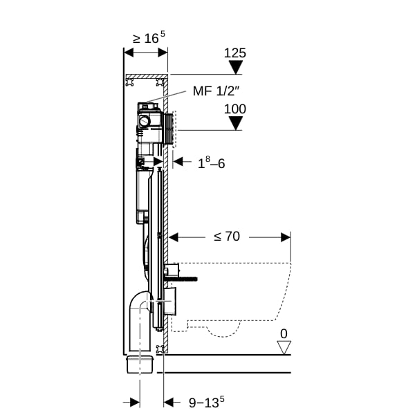Geberit GIS Element f. WWC, 125cm, mit Sigma UP-SPK 12cm, mit HS30 Hygienesp./1 WA