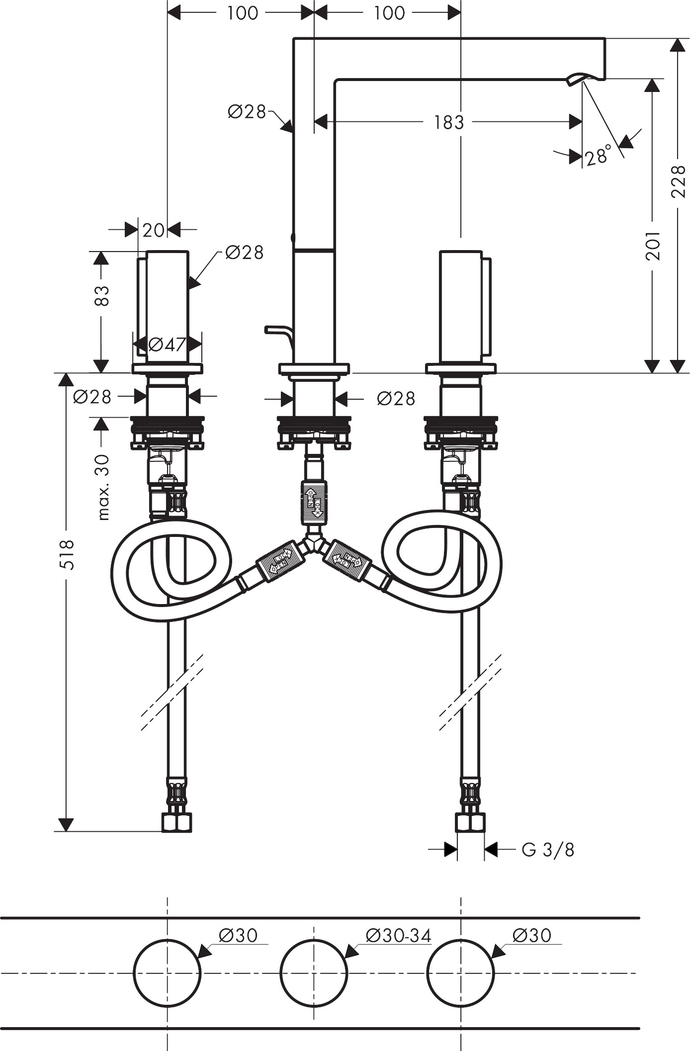 Hansgrohe 3-Loch Waschtischarmatur 200 Axor Uno Zerogriff chrom