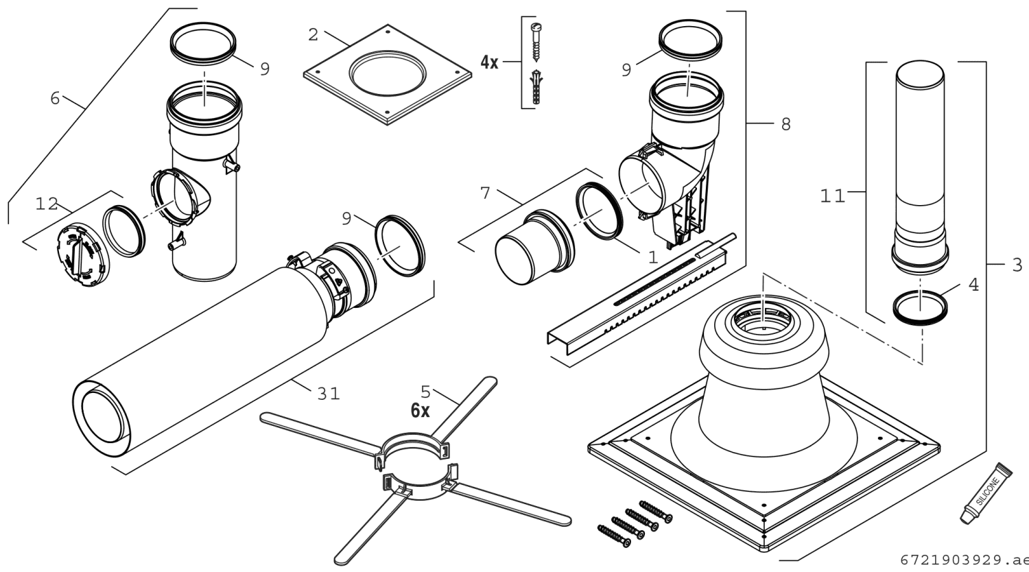 BOSCH Abgaszubehör FC-Set80-B53 (hinten) Grundbausatz B53, Kunststoff, d:80mm
