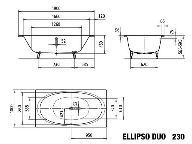 KA BW ELLIPSO DUO Mod.230,1900x1000mm, schwarz matt 100