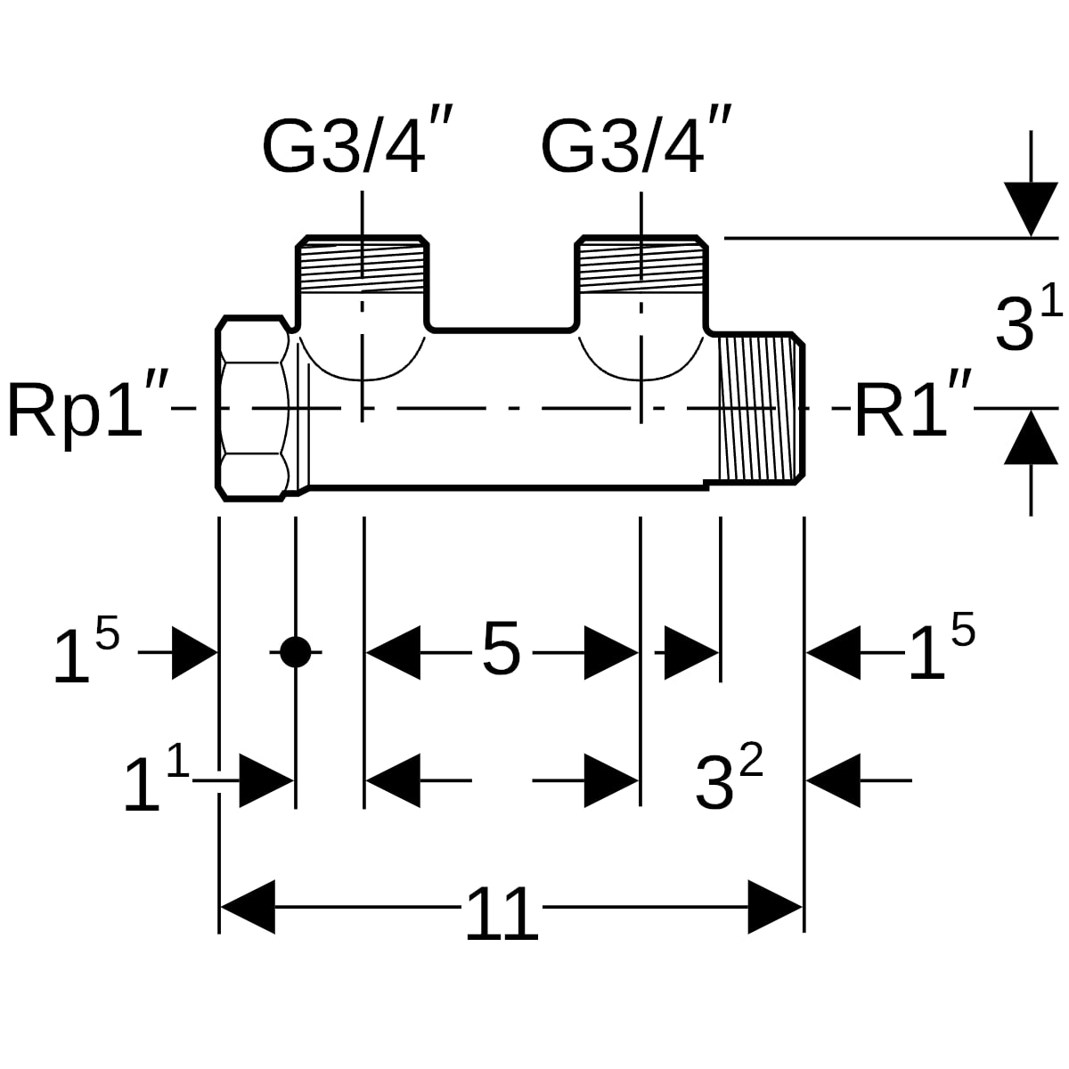 Geberit Verteiler m. GW-Anschl. und Abgang f. Eurokonus, 2 Abgänge, SiBr, R1 - G3/4