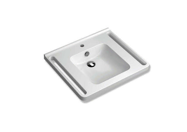HEWI Waschtisch, Schwallkante, 1 HL mit Überlauf, eckige Mulde, 650x550mm