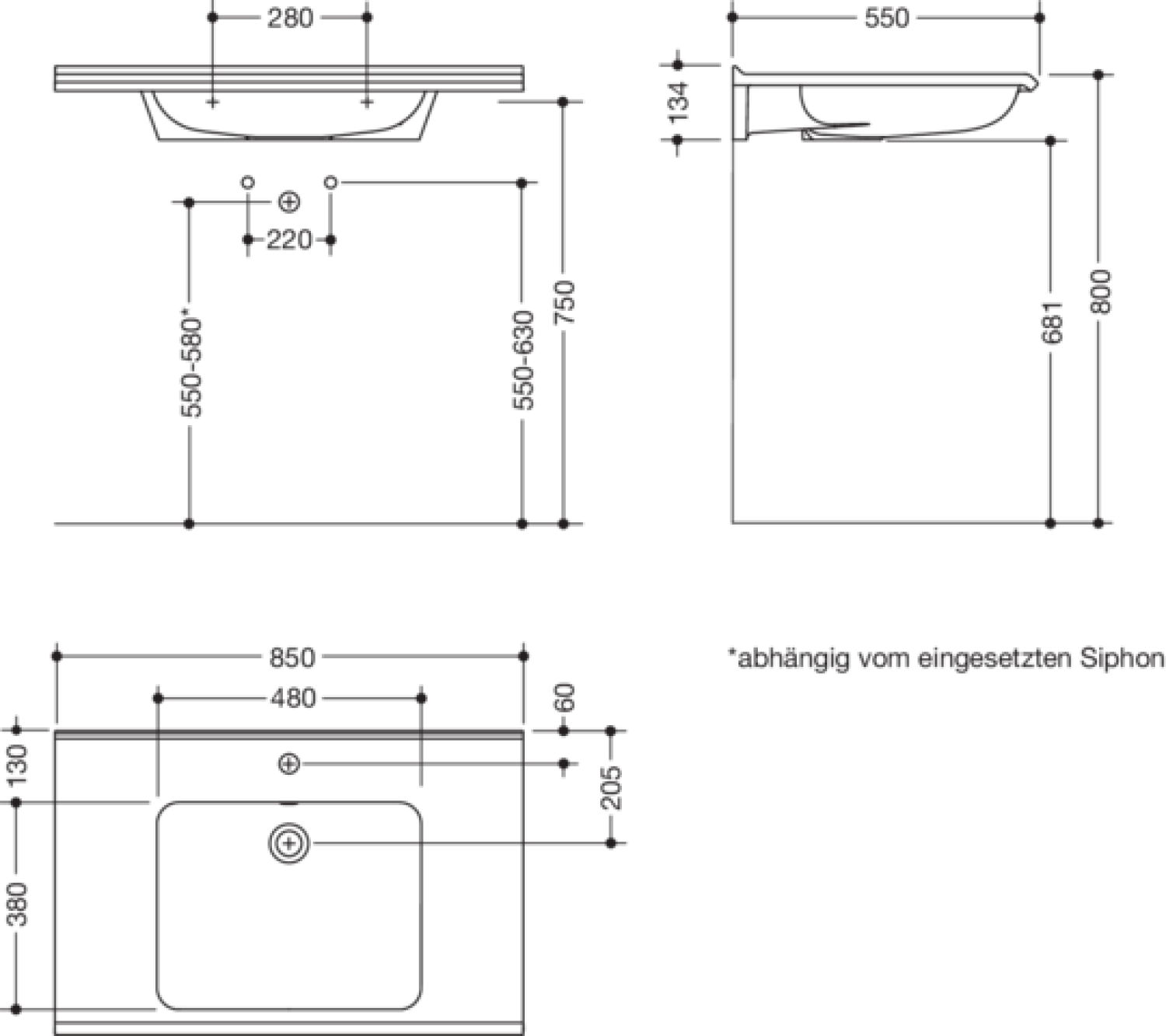 HEWI Waschtisch S-Form, modular mit Überlauf, 850x550mm, 1 HL