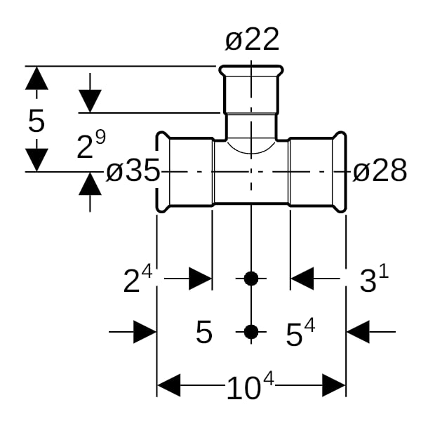 Geberit Mapress Edelstahl T-Stück reduziert d35-22-28