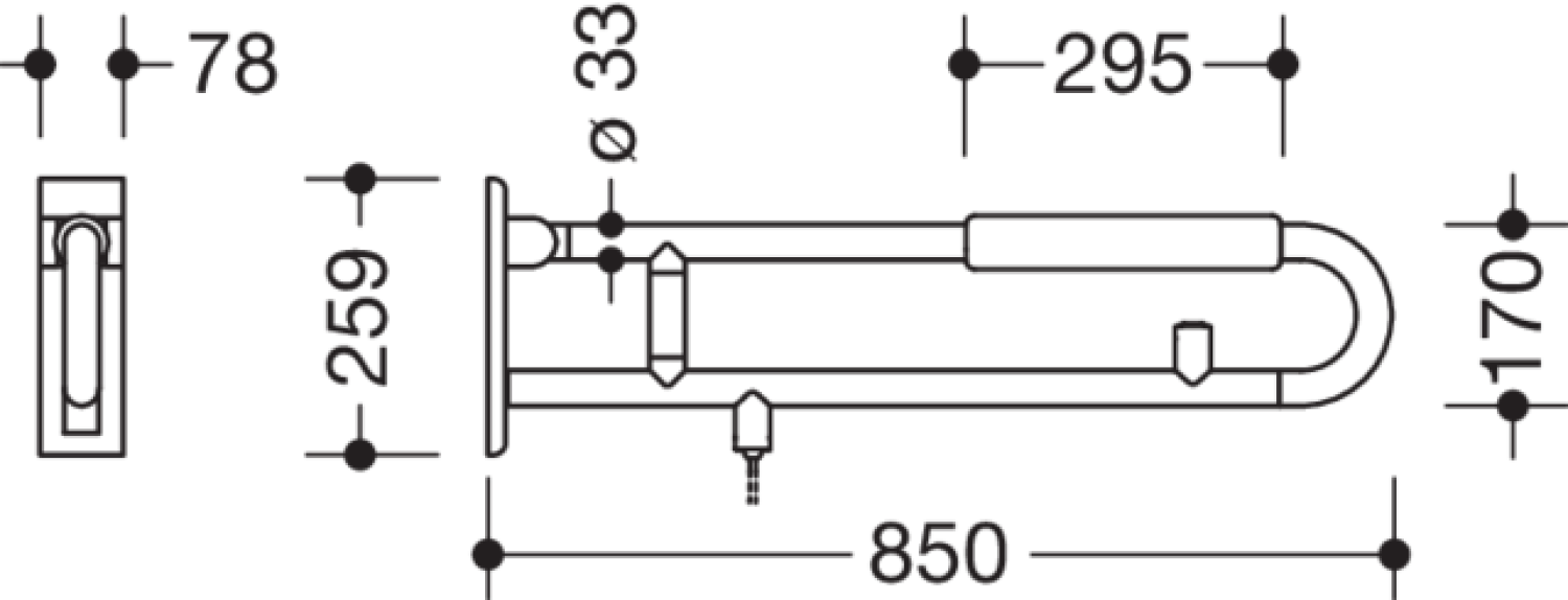 HEWI Stützklappgriff drehb. Ser 801, WC-Spülung/Armp. L:850mm reinweiß