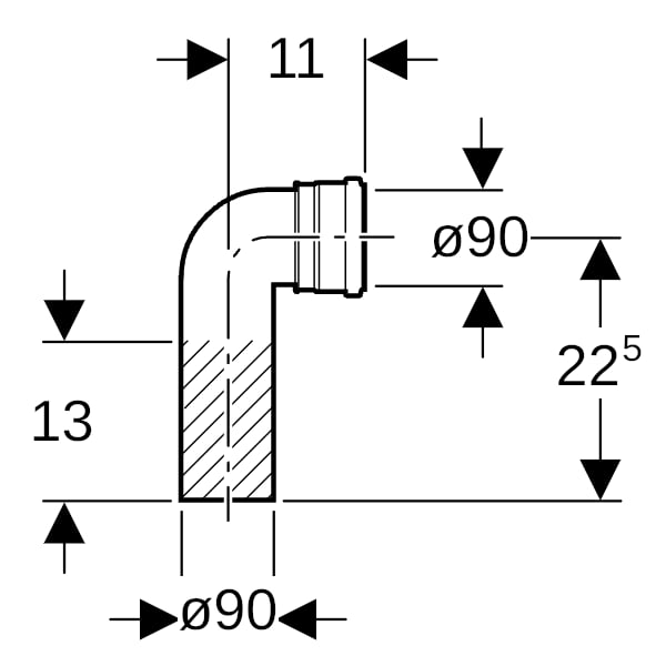 Geberit PE Anschlussbogen 90Gr für Wand-WC d90/90