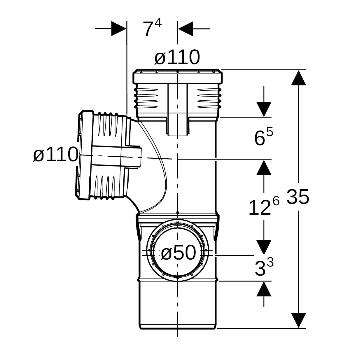 Geberit Silent-PP Kombiabzweig 87,5Gr rechts d110/110/50