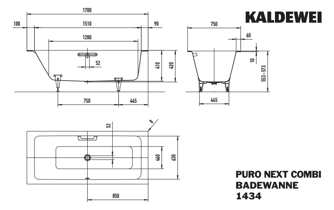KA BW PURO NEXT COMBI Mod.1434,1700x750 mm,alpinweiß,Sonderüberlauf